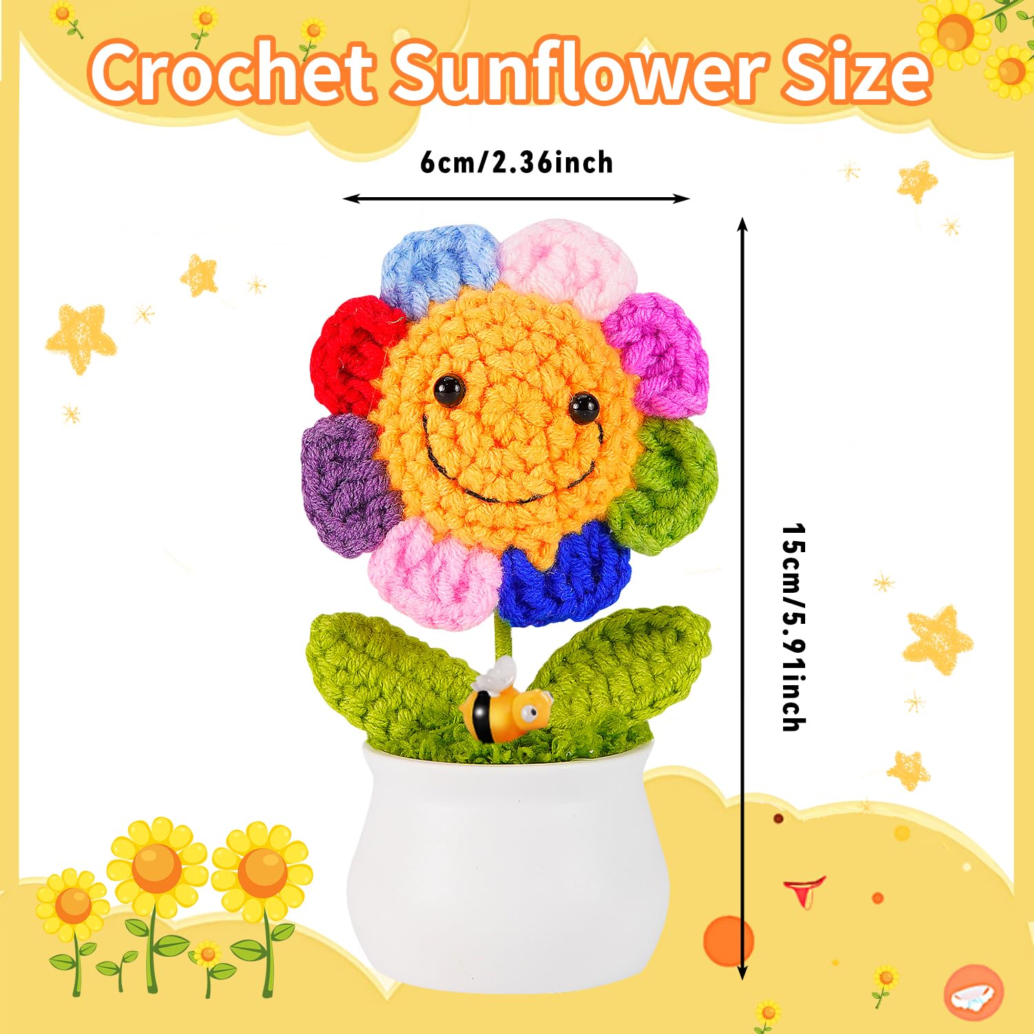 Crochet Sunflower Artificial Flowers, Plush Plant Desk Decor, Emotional Support Gift (Rainbow Sunflower With Bee)