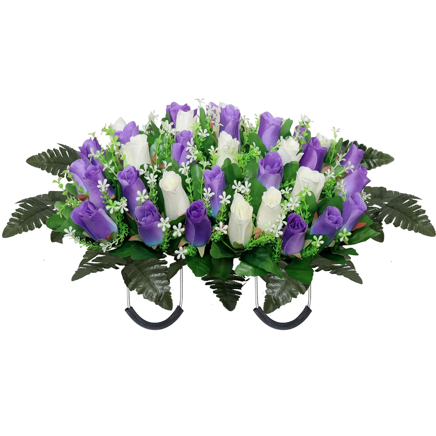 Artificial Cemetery Flower Saddles,Complete Memorial Flower Set,Cemetery Flowers For Grave,Memorial Grave Flowers For Tombstone Decoration (Purple White)