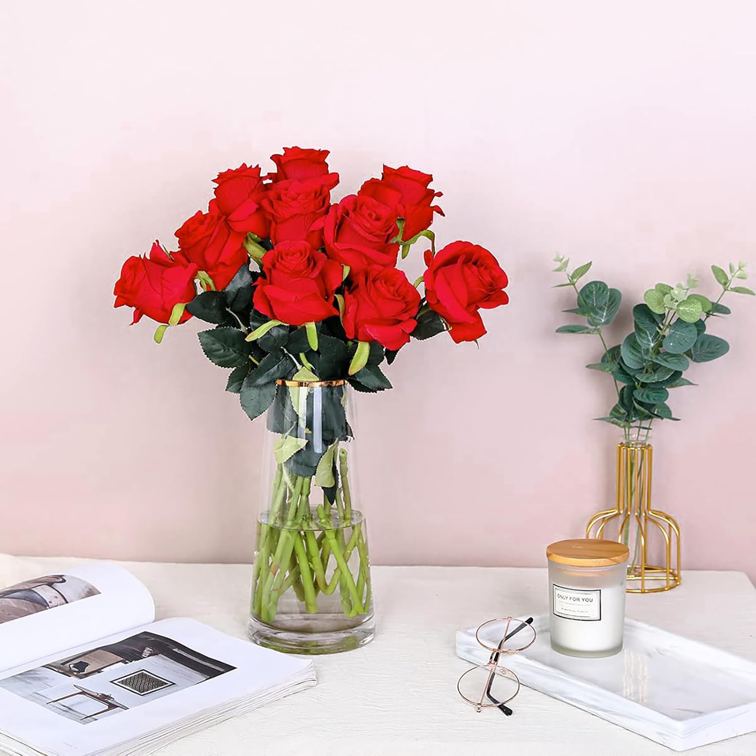 8Pcs Red Roses Artificial Flowers Realistic Long Stem Fake Roses Bouquet, Faux Silk Flowers For Diy Bouquets Wedding Centerpieces Arrangements Home Party Decor