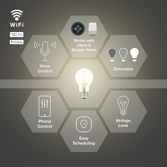 Smart WiFi Filament LED Bulb A19 7.5W Soft White 2700K Alexa Google Compatible