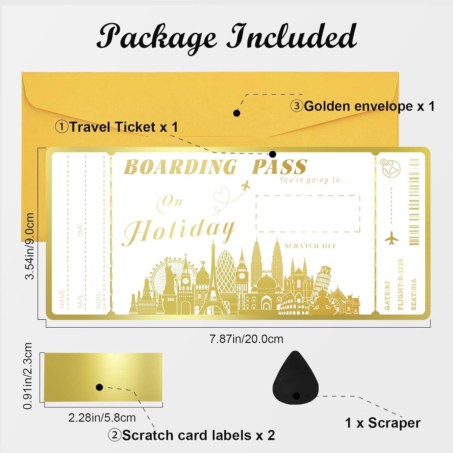 Boarding Pass Gift Ticket, Golden Flight Ticket Scratch-Off Card With Envelope, Unique Plane Ticket Gift, Scratch & Reveal Surprise Airplane Ticket For Vacation, Trip, Birthday, Girlfriends