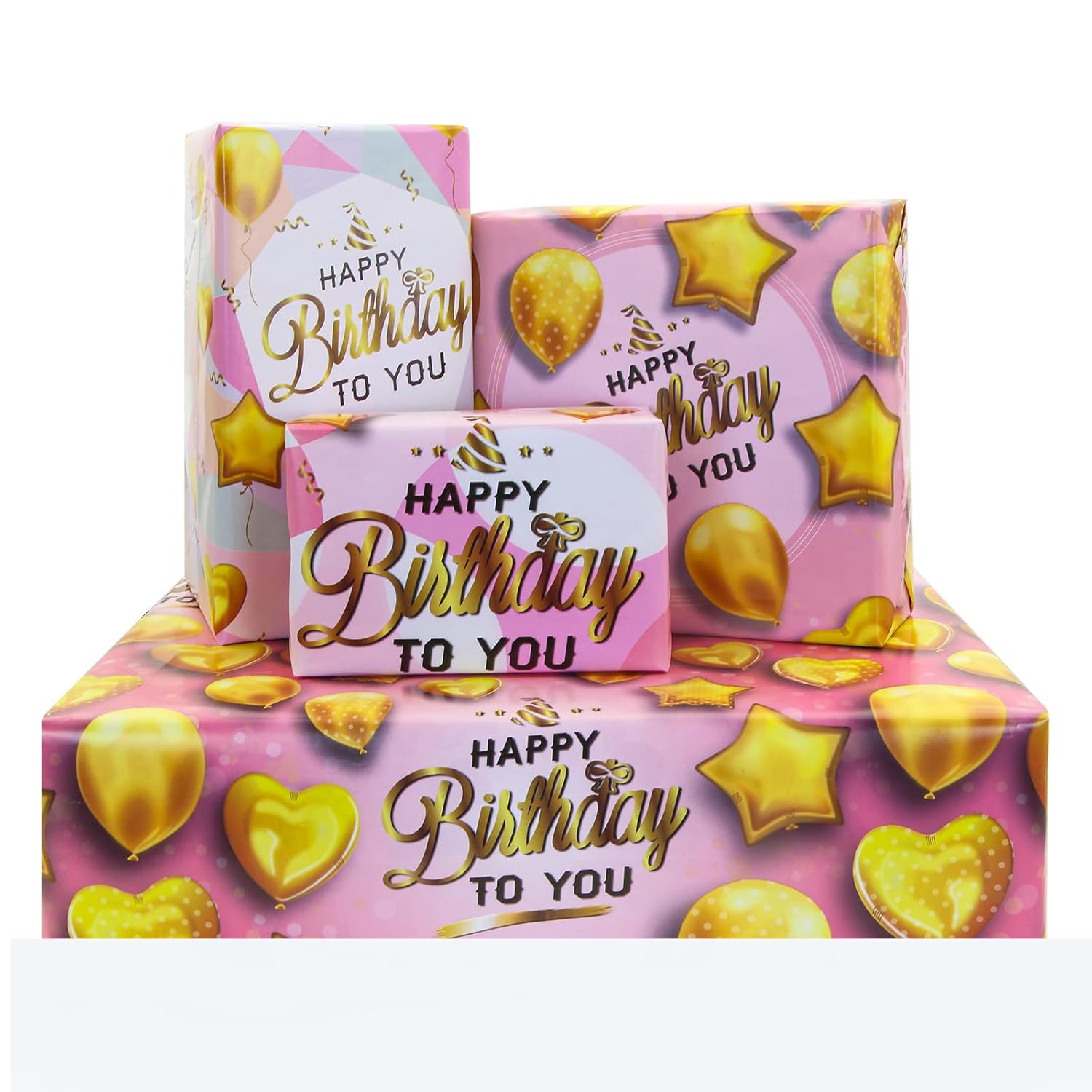 Happy Birthday Wrapping Paper 4 Sheets Pink Gold Gift Wrapping Paper Golden Star Love Heart Balloon Gift Wrap Paper For Mom Dad Birthday Kids Girls Boys Men Women Gift Wrap Paper,28 * 20 Inch