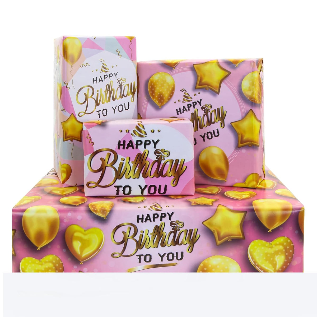 Happy Birthday Wrapping Paper 4 Sheets Pink Gold Gift Wrapping Paper Golden Star Love Heart Balloon Gift Wrap Paper For Mom Dad Birthday Kids Girls Boys Men Women Gift Wrap Paper,28 * 20 Inch