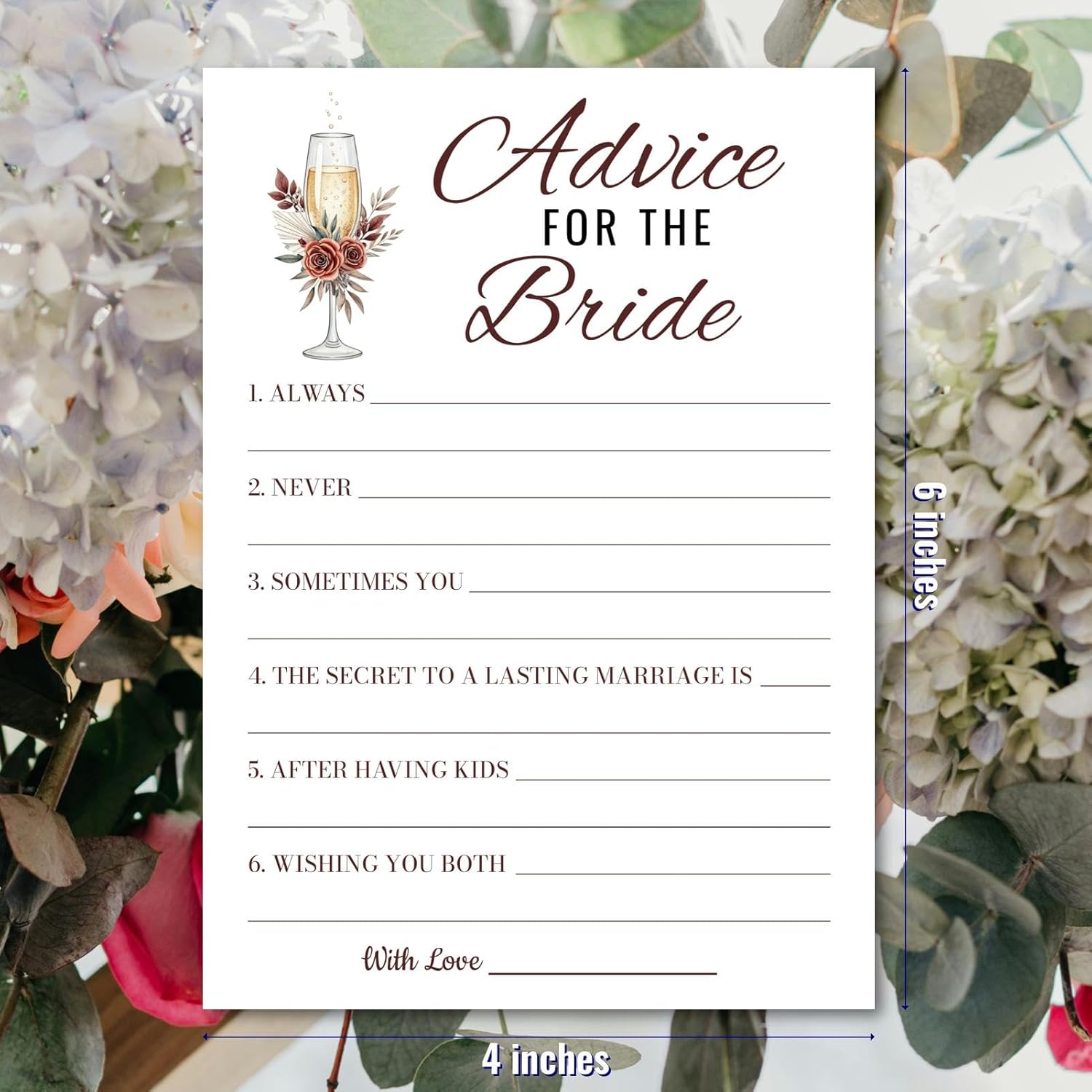 Bridal Shower Party Game Cards - Advice For The Bride For Wedding Engagement Bachelorette - Rose Champagne Glasses - Romantic Bohemian - 30 Pcs 5X7 Inch Ready To Play Instant Fun White Brown