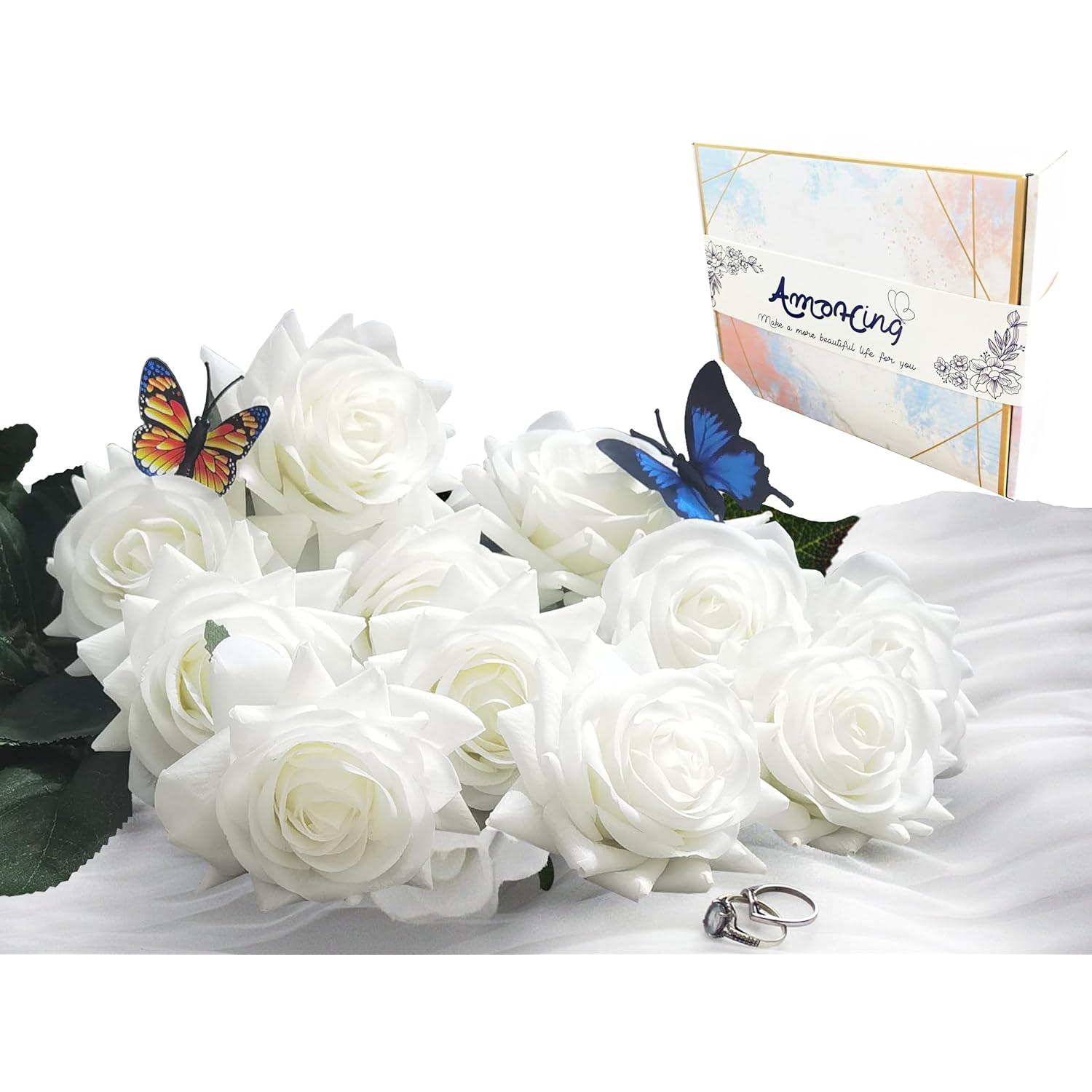 Artificial Flower Rose Bouquet Odorless, 12-Stem Lifelike Single Rose Silk Flowers With Plastic Flowers Stems For Vase Floral Arrangement, Wedding, Home Decor, Sympathy Flowers (Pure White)