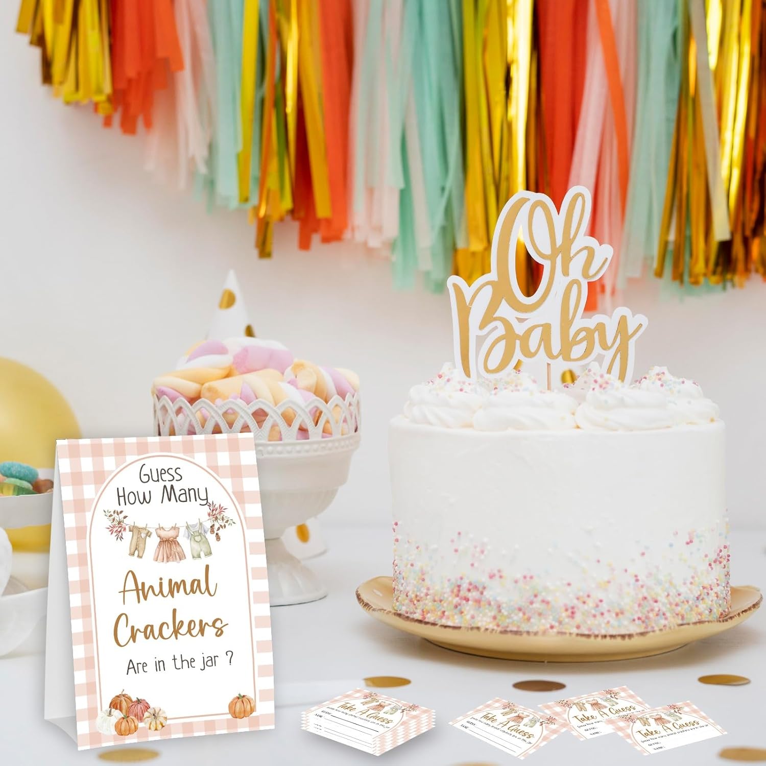 Pumpkin Guess How Many Animal Crackers - Thanksgiving Baby Shower Card Set (1 Sign With 50 Guess Cards), Fall Gender Reveal Party Favor Supplies -A20
