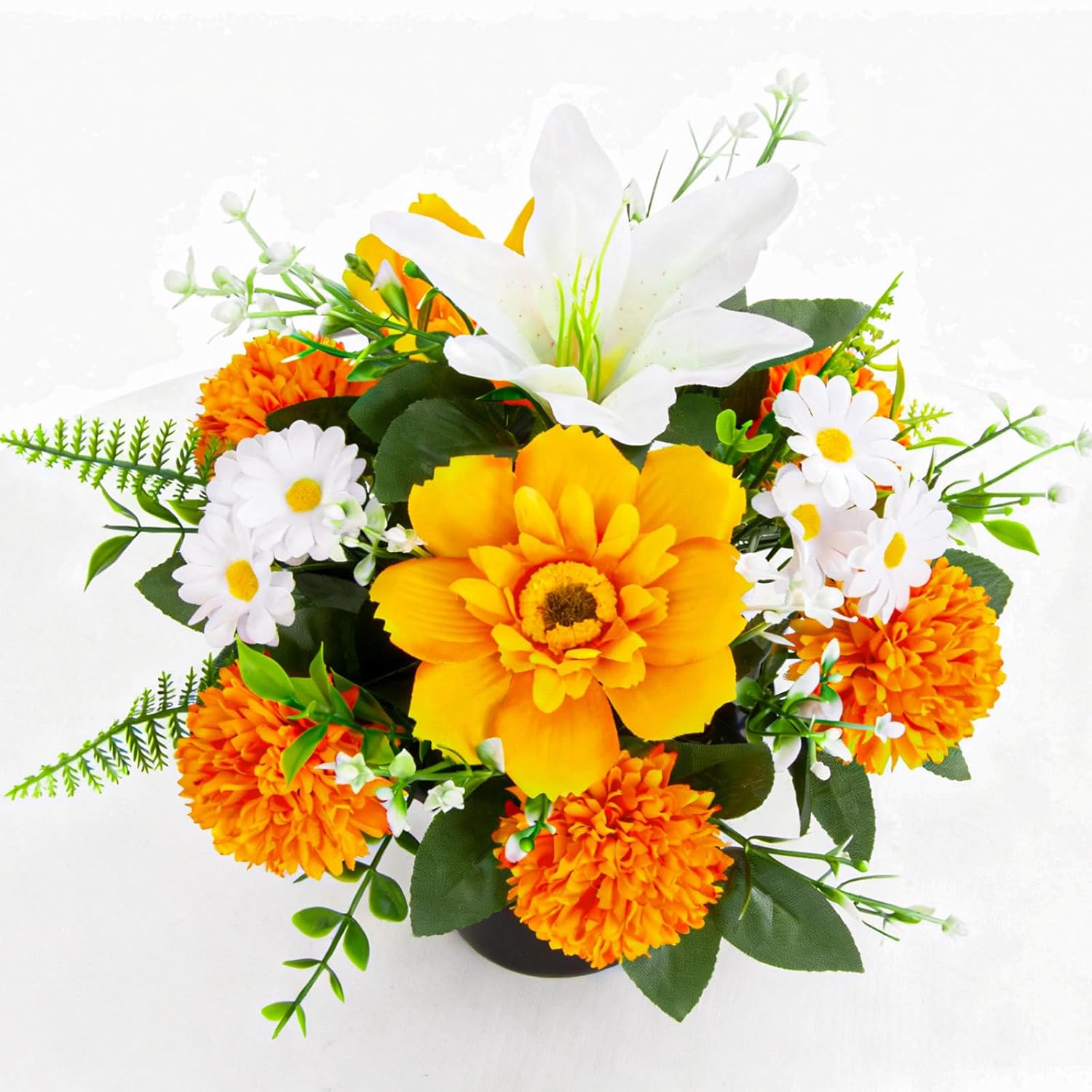 Artificial Grave Flowers In Pots, Potted Artificial Chrysanthmums Lily Daisy Flowers For Home Decor, Outdoor Cemetery Funeral Grave Decoration (1Piece, Orange&White)