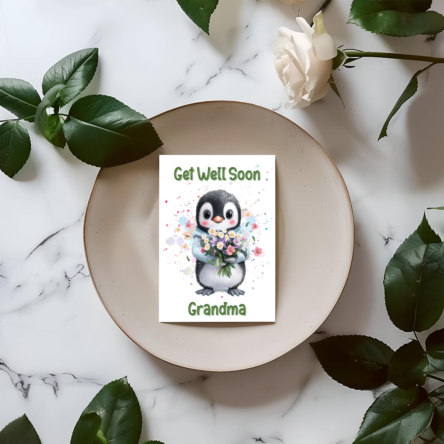 Get Well Soon Grandma Card - Penguin Get Well Card - Feel Better Card - Penguin Holding Flower Card - Greeting Card - Speedy Recovery Card
