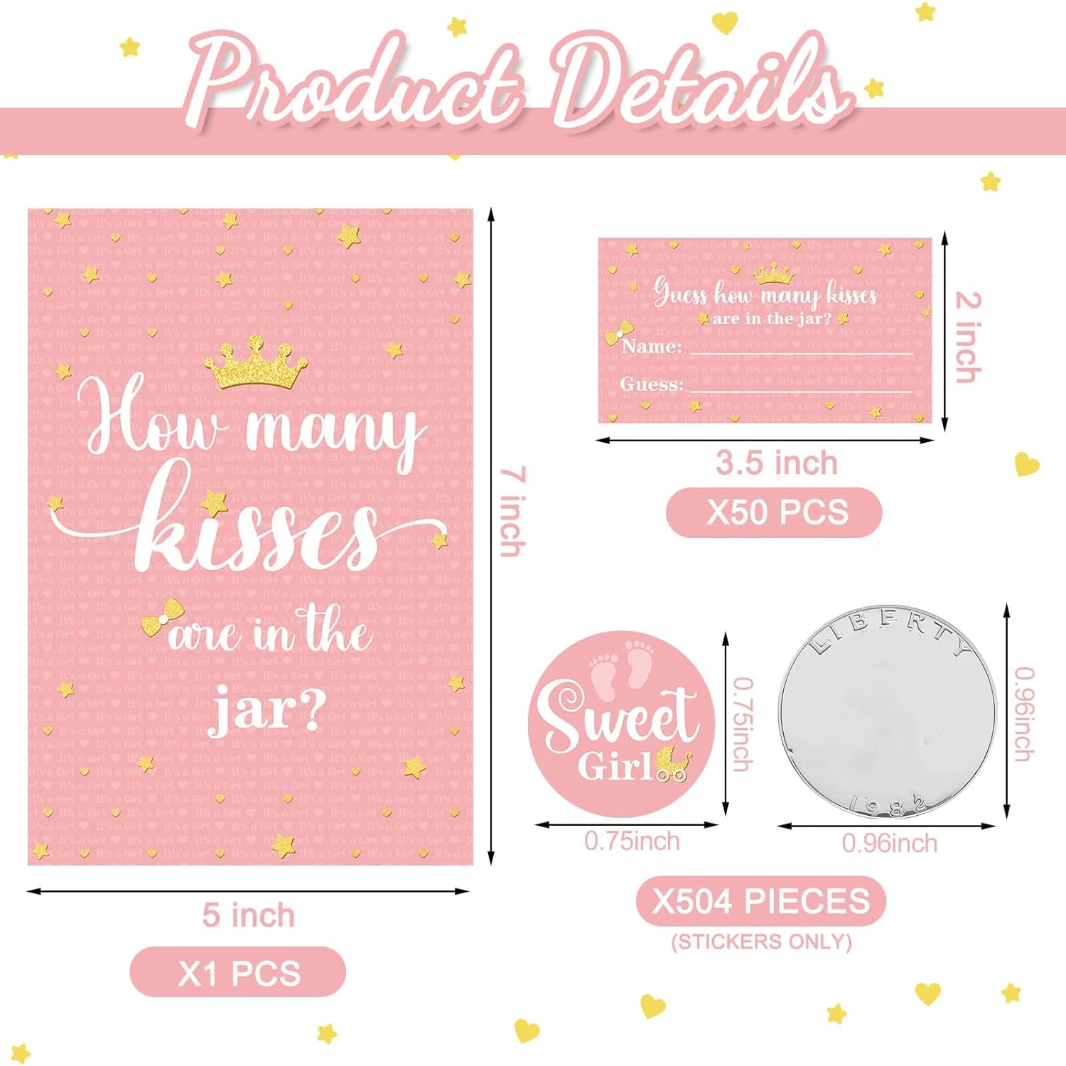 555 Pcs How Many Kisses Baby Shower Games, Pink And Gold Standing Sign Guessing Cards Kisses Stickers For Kids Girl Birthday Baby Shower Sprinkle Party Decoration (No Candy And Jar)