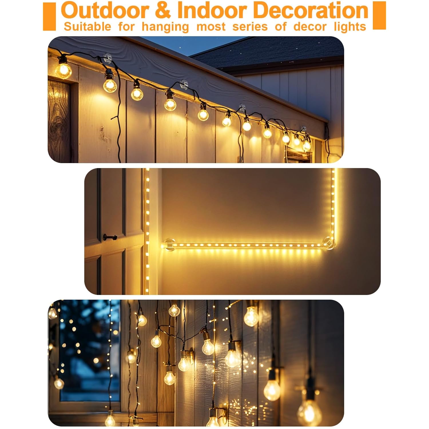 Light Clips For Outside String Lights: 24 Pack Adhesive Hooks For Outdoor String Lights - Outdoor Light Clips For Patio Balcony Fence - Rope Led Light Strip Christmas Decor Hooks