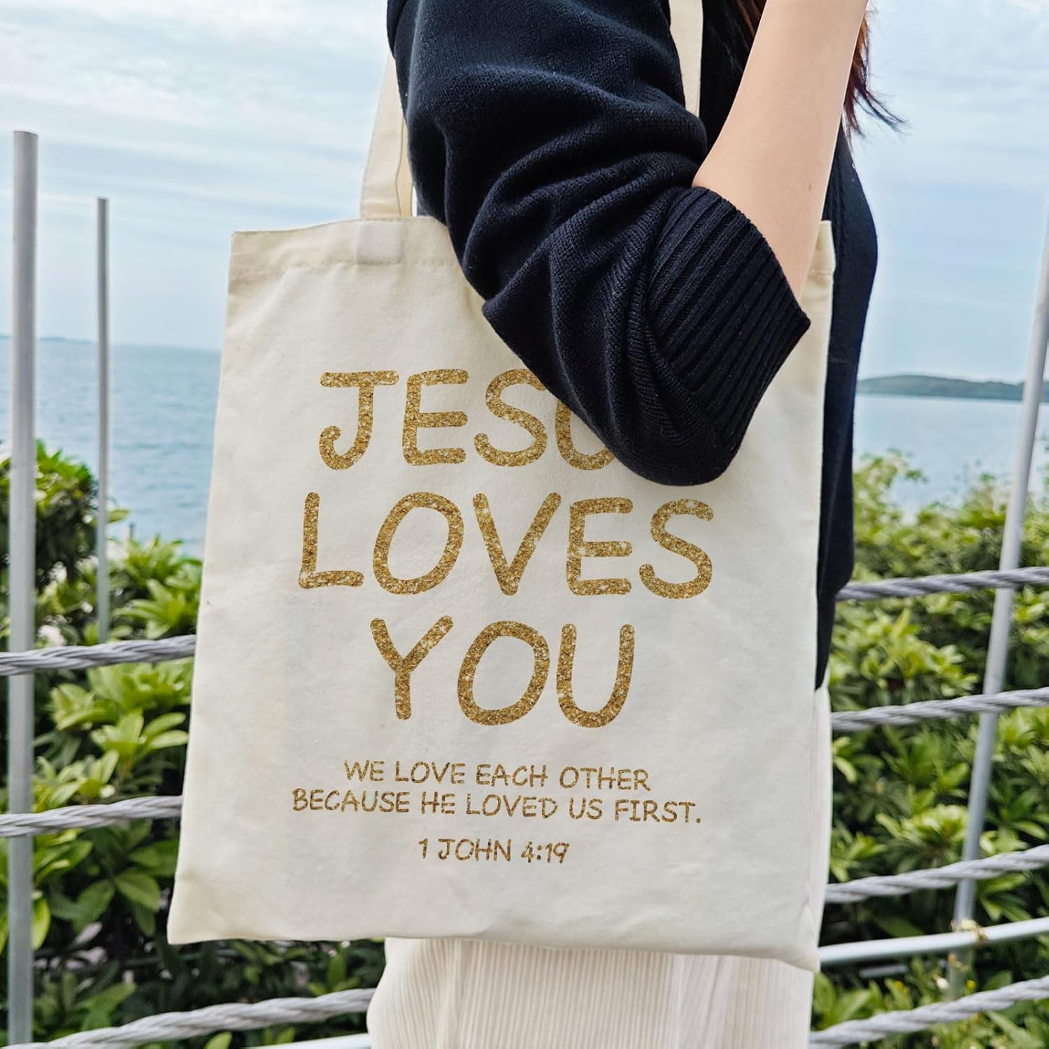 Christian Canvas Tote Bag Aesthetic Jesus Loves You Reusable Shopping Grocery Bag Beach Bag Birthday Christmas Gifts For Women