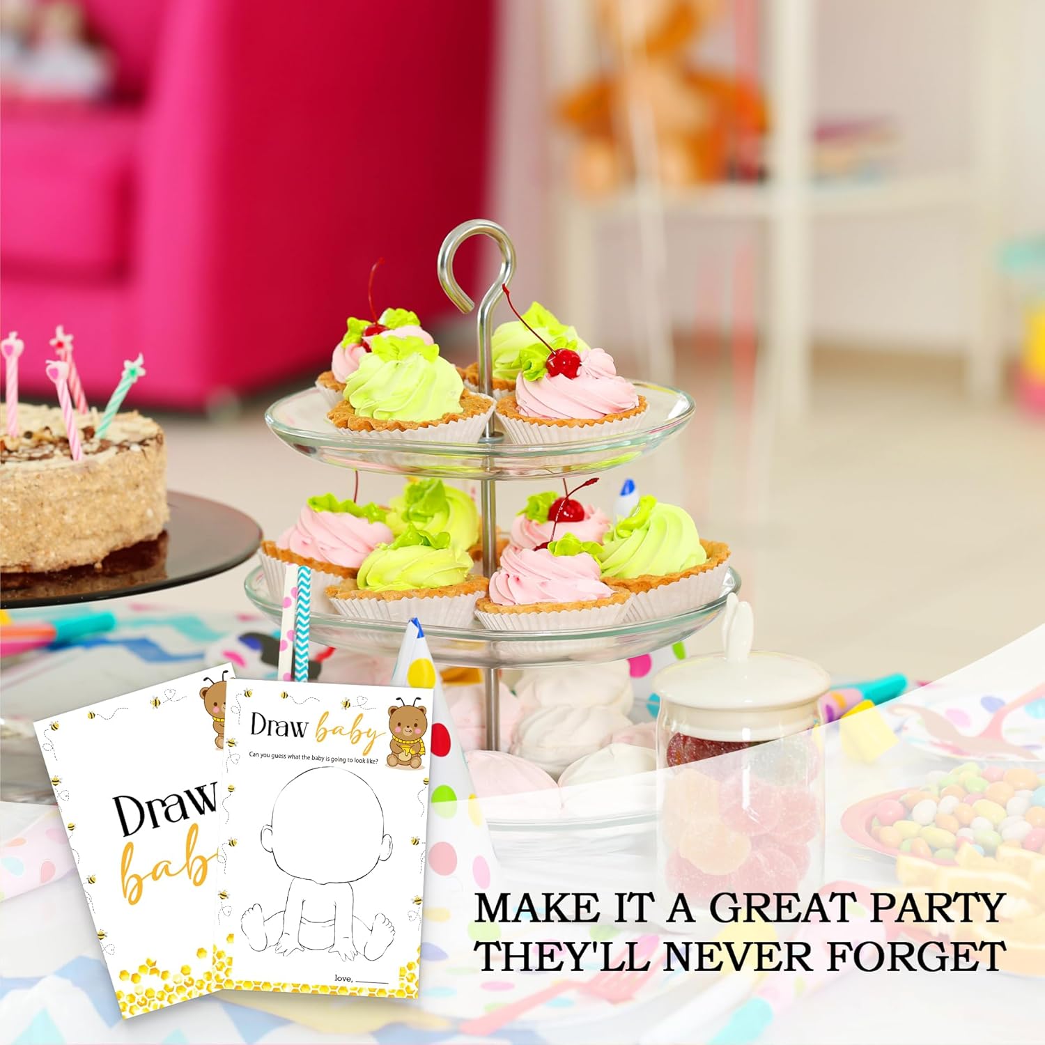 Bee Baby Shower Games - Boy Girl Gender Reveal - Draw Baby Cards - 25 Cards