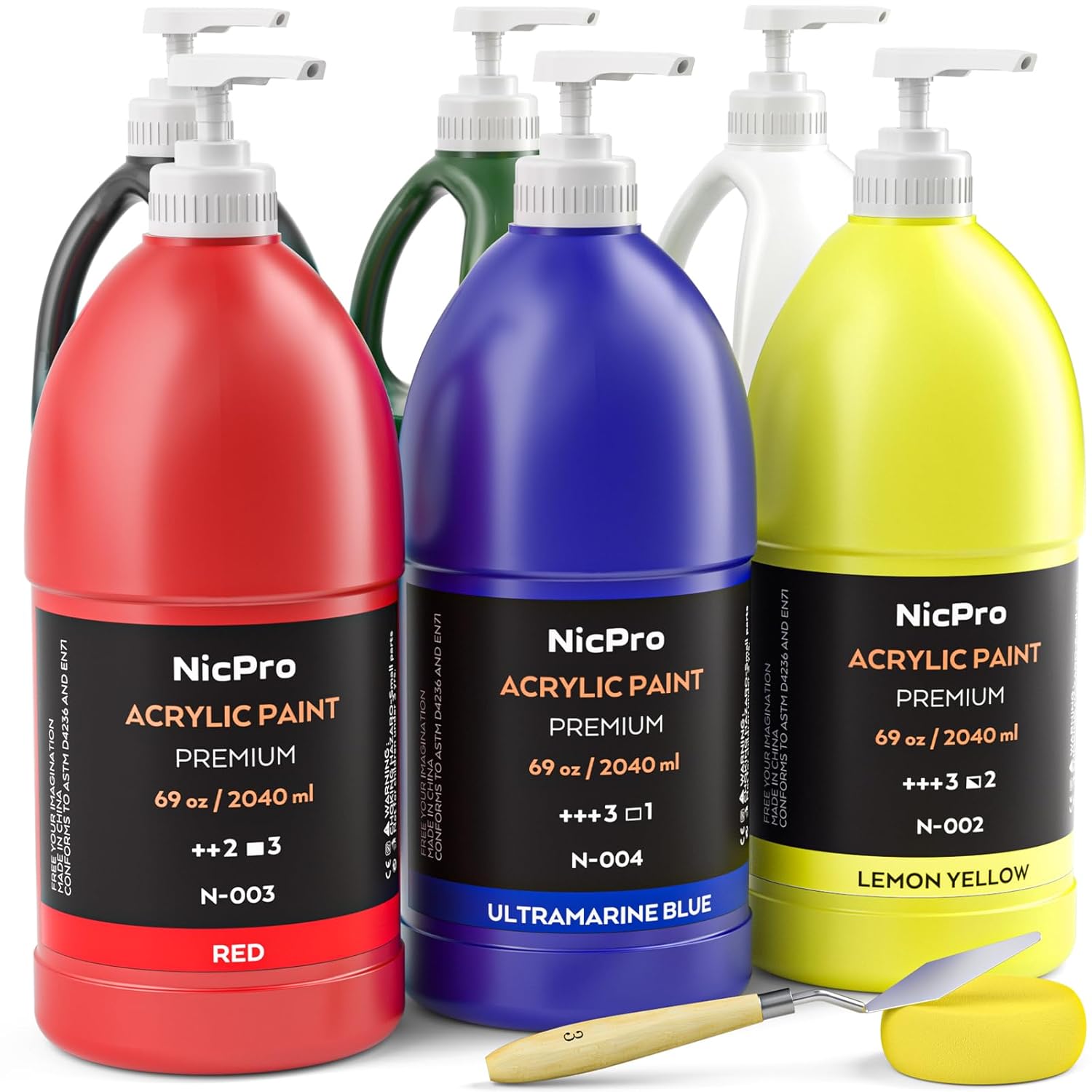 6 Colors Large Bulk Acrylic Paint Set (69 Oz, 2040Ml) Rich Art Painting Supplies Non Toxic For Multi Surface, Canvas, Wood, Leather, Fabric Stone Craft, For Kid & Adult With Pump, Color Wheel