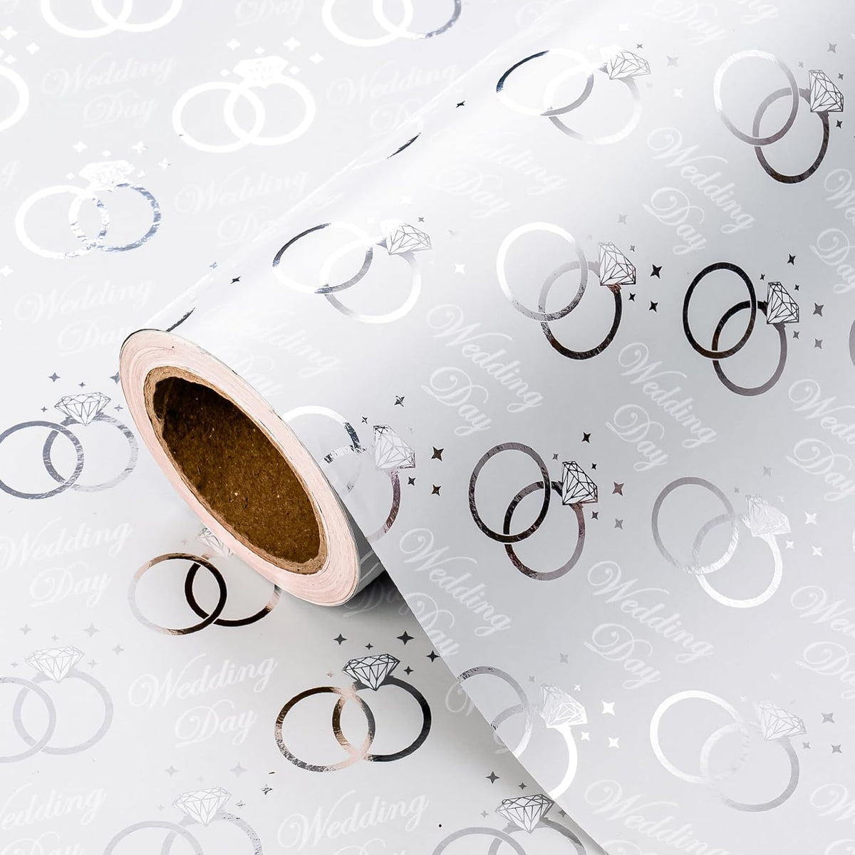 Wedding Wrapping Paper Roll - Mini Roll - 17 Inch X 33 Feet - Silver Foil Diamond Ring And Wed Day Lettering Design Perfect For Wedding, Celebration, Party