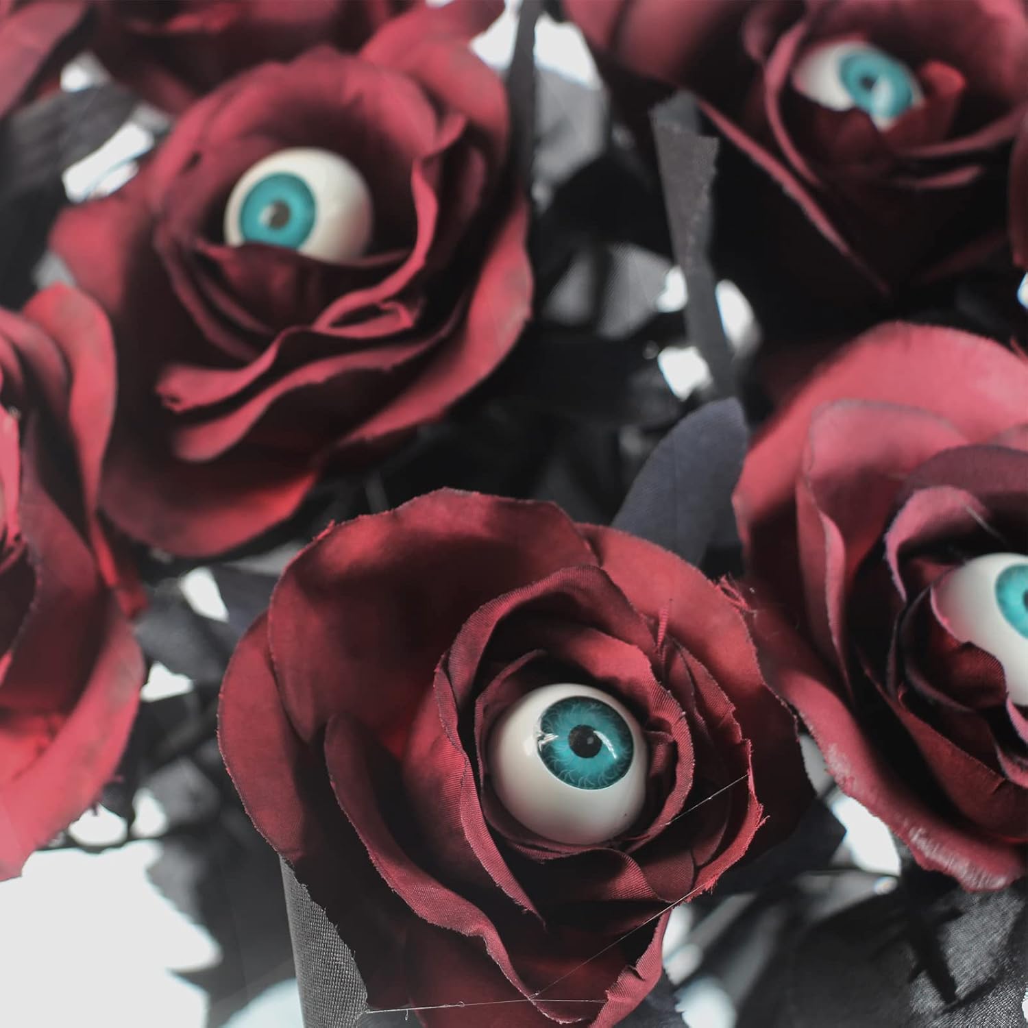 10 Pcs Artificial Bloody Roses With Eyeball Flower Bouquet Faux White And Red Roses Bundles 16" Fake Realistic Rosa For Flowers Arrangements Halloween Parties Home Decor (10, Maroon)