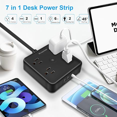 Ultra Flat Plug Power Strip 2 Pack 4 Outlets 3 USB Ports USB C 6FT Extension Cord Black