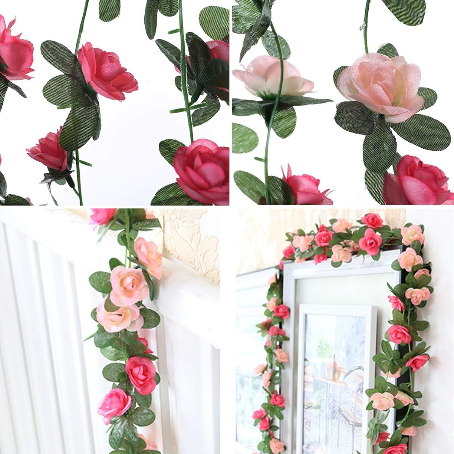 Fake Rose Vines Flowers Plants, 2 Pack 8.2 Feet Artificial Rose Flower Vine Hanging Flower Garland For Room Home Hotel Office Wedding Party Garden Craft Art Decor Pink