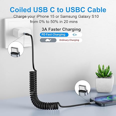 2 Pack Coiled USB C to USB C Cable 3FT Fast Charging Car Charger Cord for iPhone 17 16 15 Samsung Galaxy S23