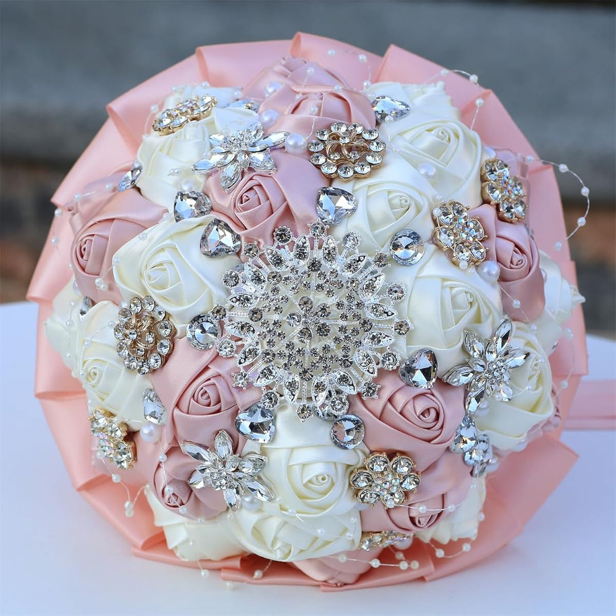 6.3" Pink Champagne & Ivory Bridal Wedding Bouquet Round Holding Bouquet Throw Toss Artificial Rose Flower Bunch For Bride Bridesmaid Wedding Quinceanera