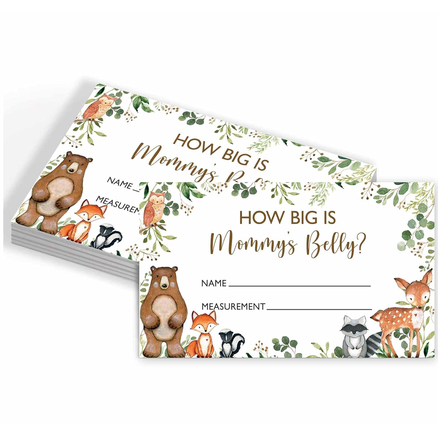 Woodland How Big Is Mommy'S Belly Forest Animals Baby Shower Gender Neutral Game Includes 5.6" X 7" Standing Sign And 50 Guessing Cards, 3 Rolls 60" Measuring Tape
