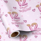 12Th Birthday Wrapping Paper Girls, Hearts And Pink Number 12 Balloons Happy Birthday Design, 12 Years Old, Mini Roll, 17 Inches X 16.4 Feet, Perfect For Girls' Birthday Party Gifts