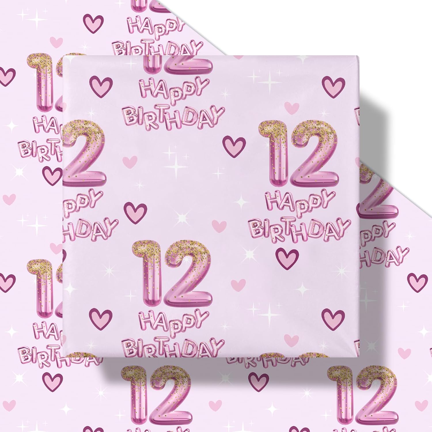 12Th Birthday Wrapping Paper Girls, Hearts And Pink Number 12 Balloons Happy Birthday Design, 12 Years Old, Mini Roll, 17 Inches X 16.4 Feet, Perfect For Girls' Birthday Party Gifts