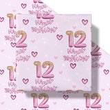 12Th Birthday Wrapping Paper Girls, Hearts And Pink Number 12 Balloons Happy Birthday Design, 12 Years Old, Mini Roll, 17 Inches X 16.4 Feet, Perfect For Girls' Birthday Party Gifts