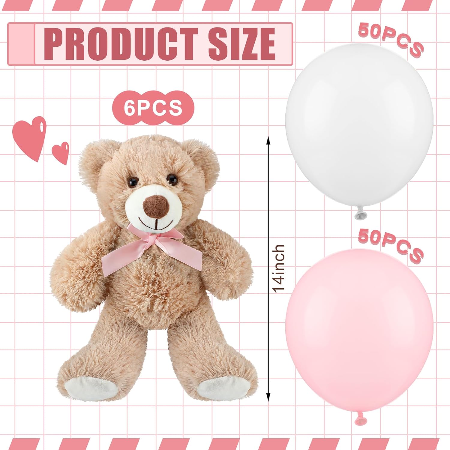 106 Pcs Bear Baby Shower Decoration For Boy Or Girl, 6 Pcs Bears Stuffed Animal With 100 Pcs Latex Balloons For Kids Birthday Baby Shower Wedding Engagement Christmas Party Decor(White, Pink)