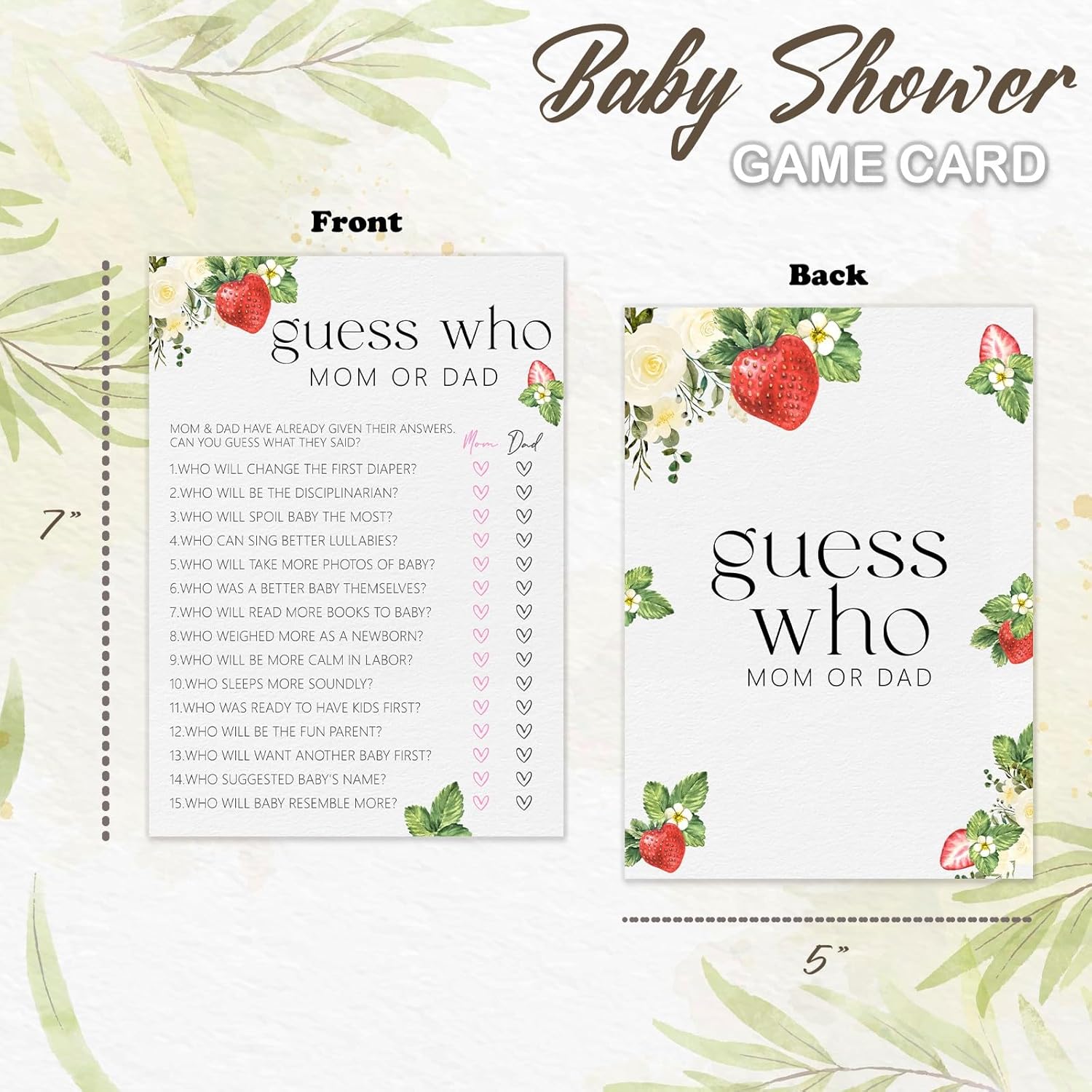 Hilarious Baby Shower Games, Who Mom Or Dad Game Cards, Strawberry Sweet Baby Shower Decorations Favors Ideas -30 Pcs, 5X7 In - H07