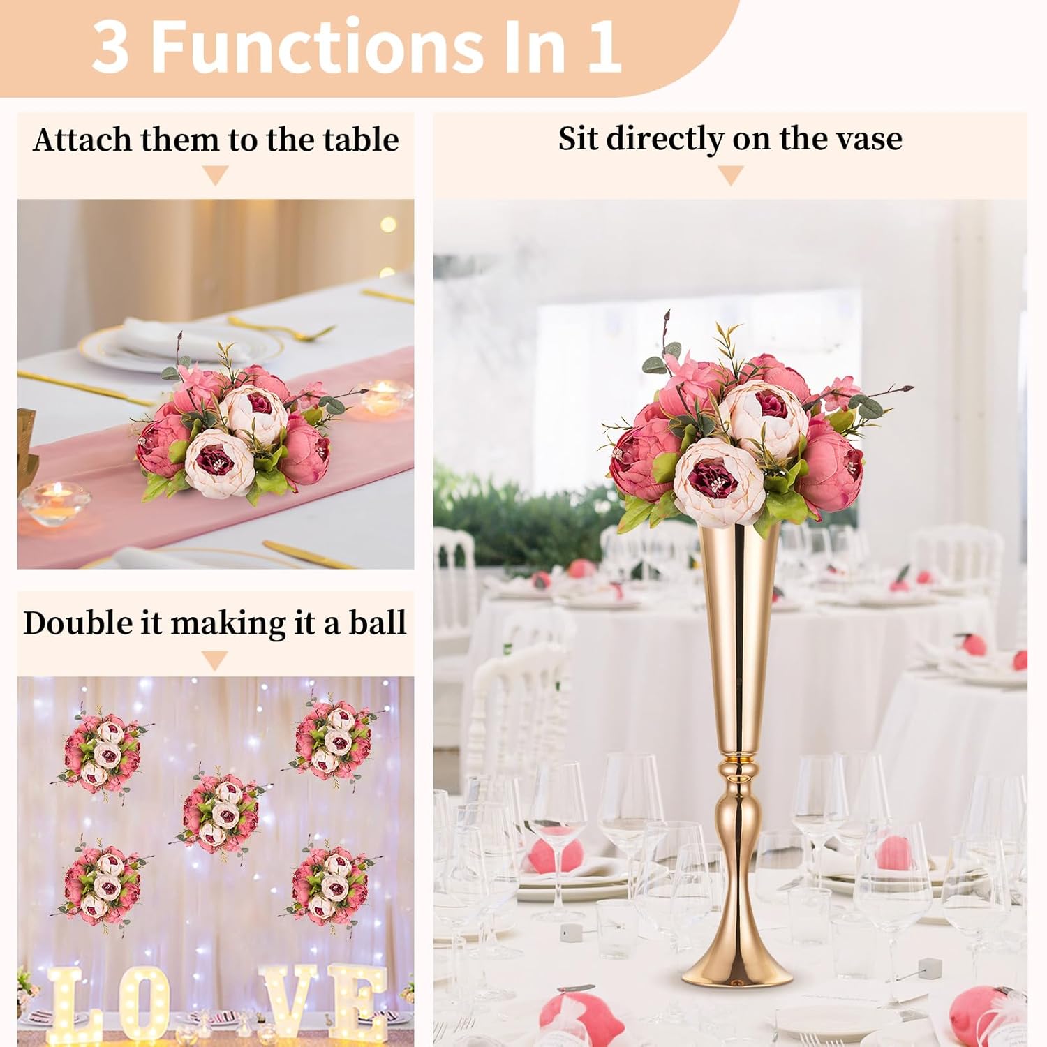 Flower Balls Flowers For Centerpieces: 2 Pcs 9.4 Inch Diam Dark Pink Artificial Peony Fake Flower Ball Arrangement Bouquet Wedding Centerpieces For Tables Wedding Centerpiece Decorations