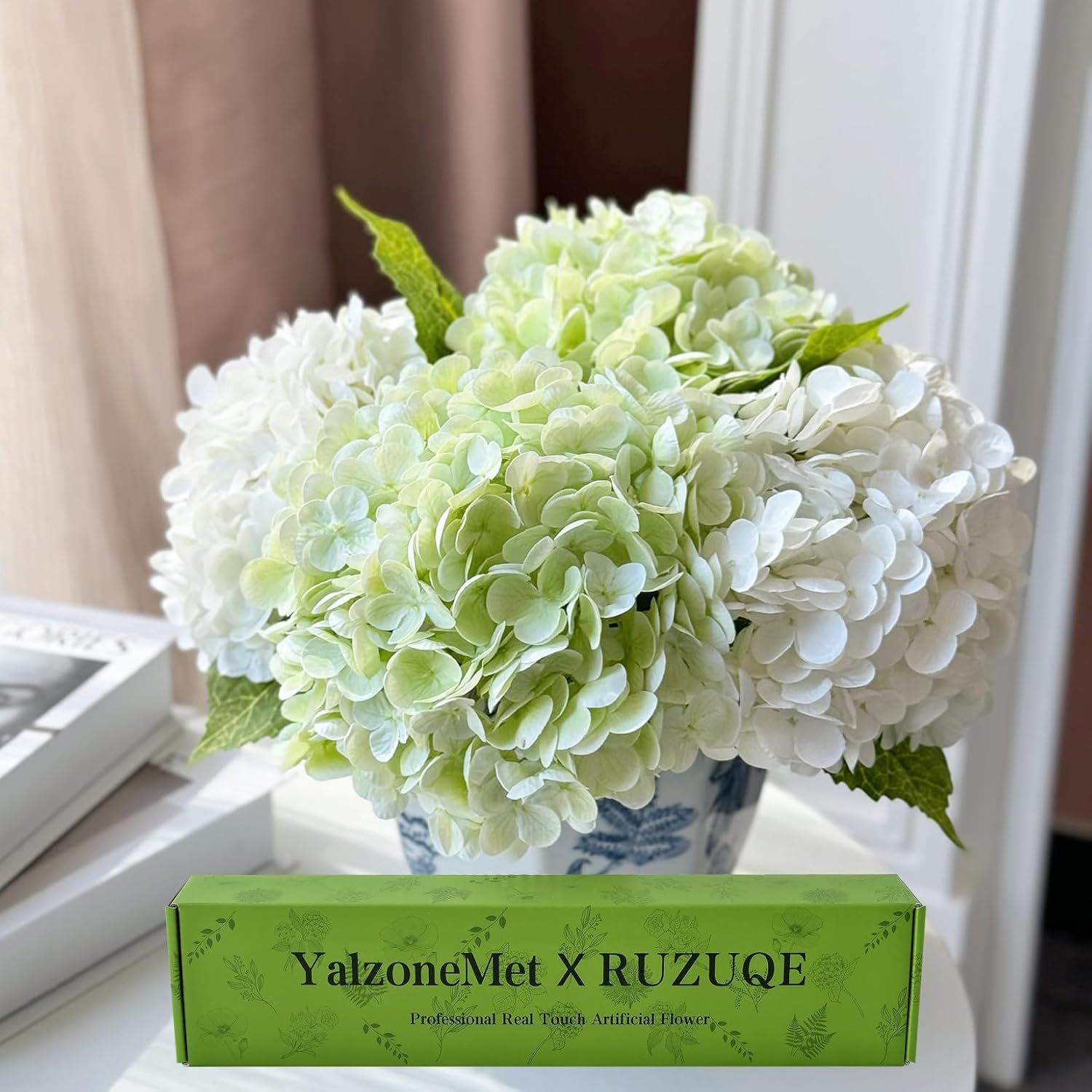 Artificial Hydrangea Flowers 4 Pcs 2 White 2 Light Green 21 Inch Long Rod Real Touch Lifelike Fake Latex Hydrangea Flowers For Home Party Outdoor Wedding Gifts Christmas Table Decoration