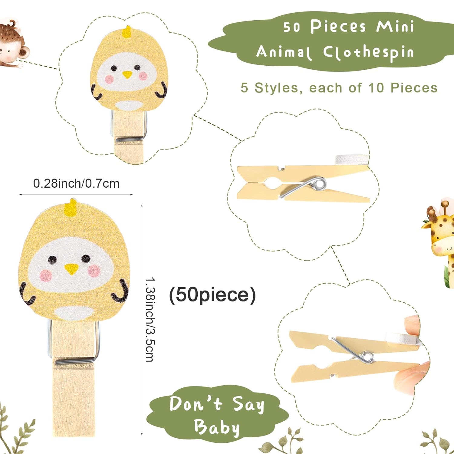 51 Pcs Don'T Say Baby Shower Game Favors Include Forest Animal Baby Shower Sign And 50 Mini Animal Clothespins For Boys Girls Gender Reveal Party Decoration Supplies