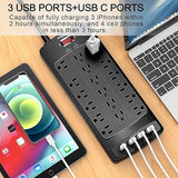 18 Outlet Surge Protector Power Strip 6FT Flat Plug Extension Cord 2100J 4 USB Ports Black