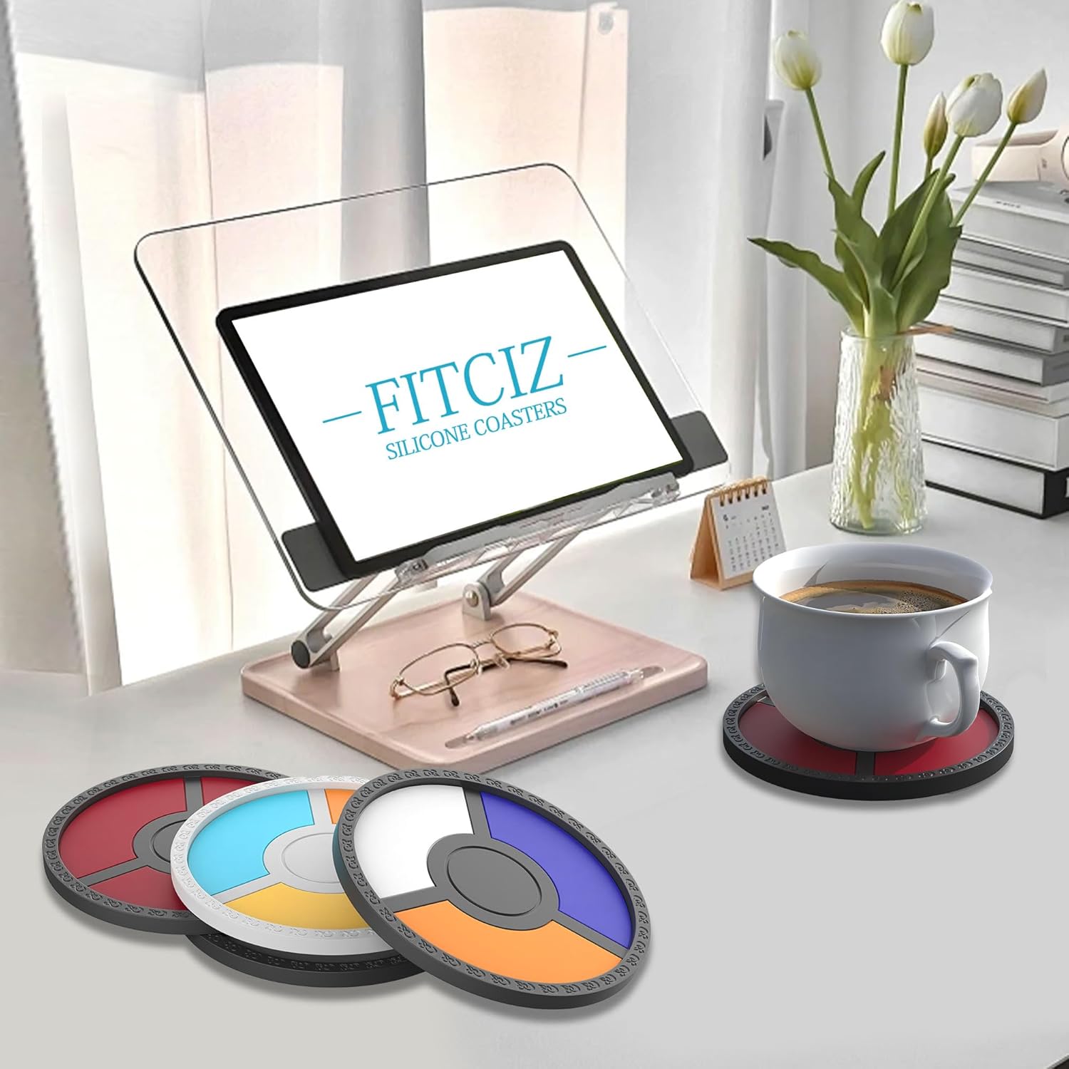 Silicone Coasters Set Of 2 For Drinking Desk Office - Cup Mat For Tabletop Protection - Suitable For Hot Cold Drink - Thickened, Non-Slip, Non-Stick (Black+Dark Grey)