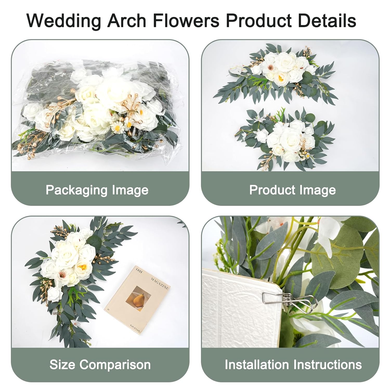 Wedding Arch Flowers Set Of 2, Artificial Flowers For Decoration Backdrop Garland For Arch Flowers For Wedding Ceremony Reception And Welcome Signs Decorations (White)