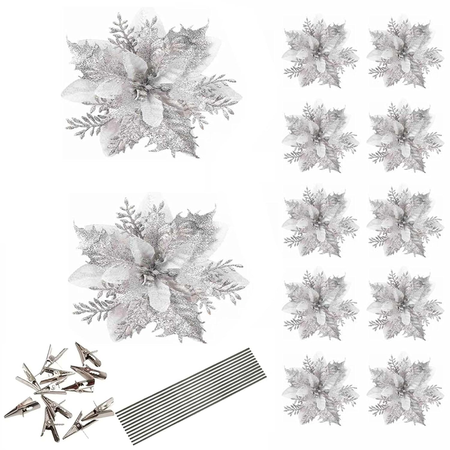 12 Pcs Silver Poinsettia Flower Artificial Poinsettias With Clips, Xmas Flower Decor With Stems, Glitter Poinsettia Christmas Ornaments Christmas Tree Decorations, Diy Xmas Wreath Home Party Decor