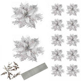 12 Pcs Silver Poinsettia Flower Artificial Poinsettias With Clips, Xmas Flower Decor With Stems, Glitter Poinsettia Christmas Ornaments Christmas Tree Decorations, Diy Xmas Wreath Home Party Decor