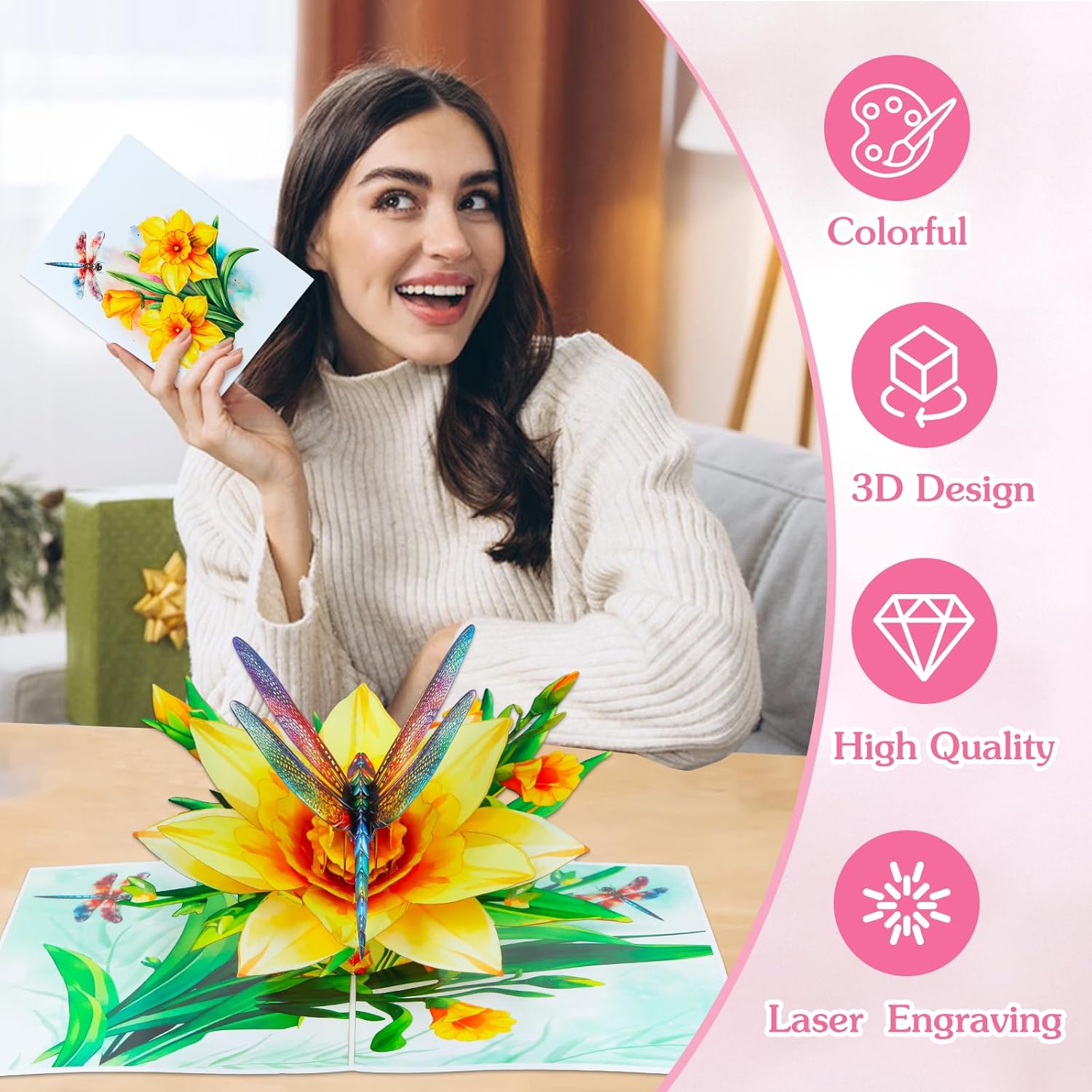 Dragonfly Gifts For Women - Daffodils Flower Dragonfly Pop Up Card 3D Birthday Card For Women Pop Up Mothers Day Cards With Envelope For Her Wife Mom Grandma