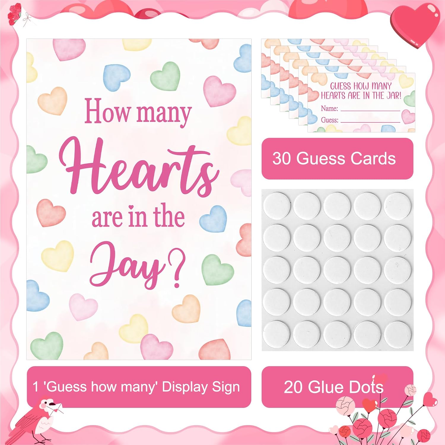 30 Players Valentines Game For Family Office Large Groups Party Adults, Valentine'S Day Guess How Many Hearts Are In The Jar Games Classroom Activities With Guess Cards (Heart)