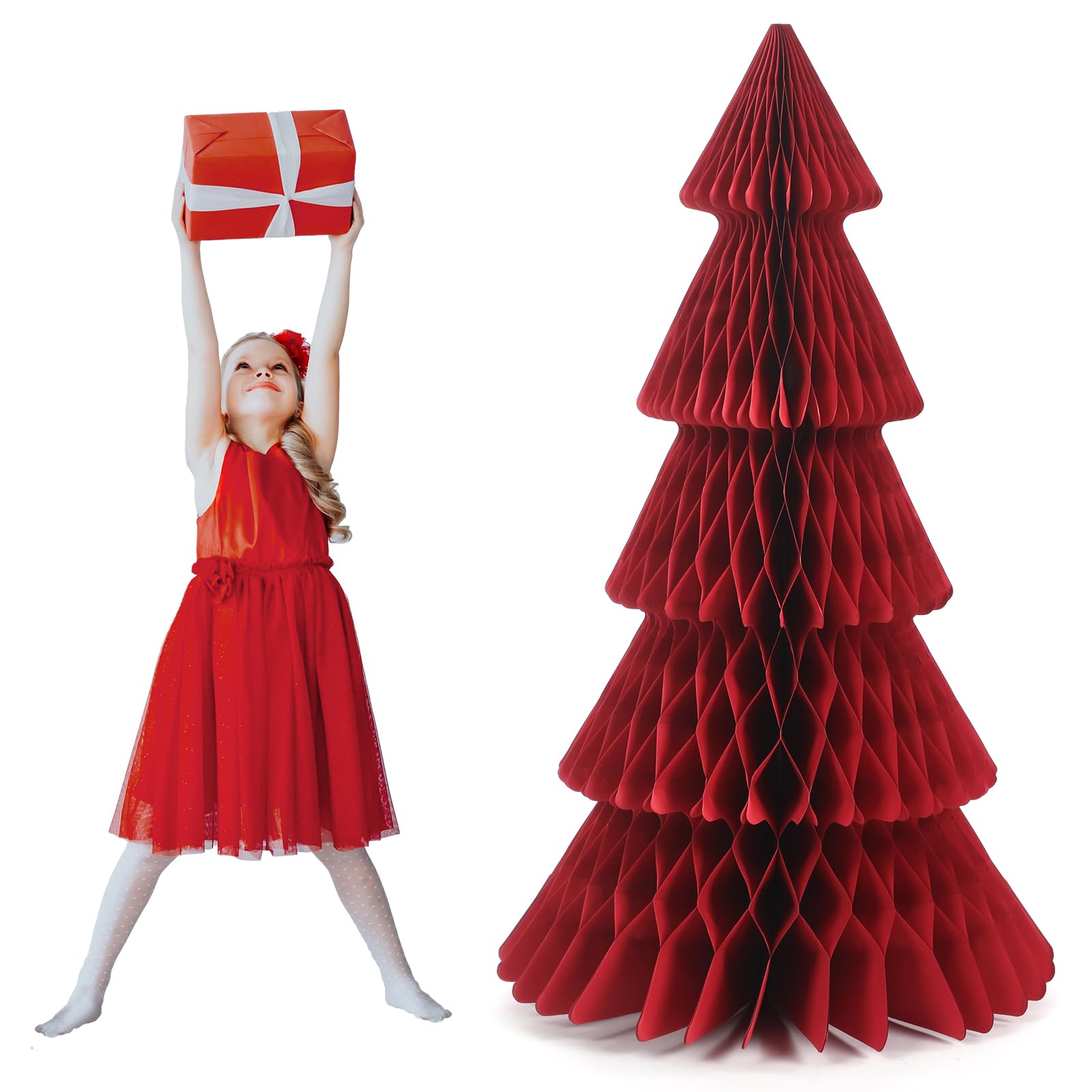 3 ft x 20 in Christmas Tree, 3D Honeycomb Paper Tree, Red
