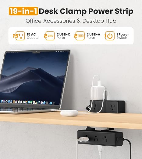 Dual Layer Desk Clamp Power Strip 13 Outlets 20W USB C 5FT Cord 1200J Black