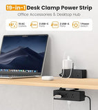 Dual Layer Desk Clamp Power Strip 13 Outlets 20W USB C 5FT Cord 1200J Black
