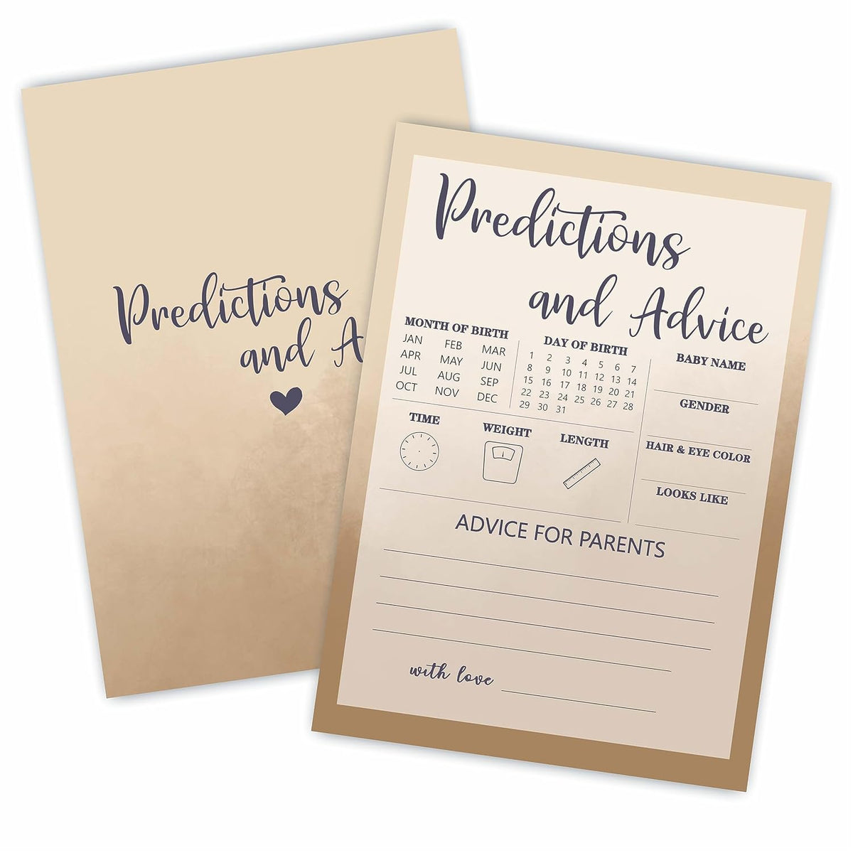 Baby Shower Prediction And Advice Game Kit - 30 Khaki Double Side Fill-In Game Cards For Baby Boy & Girl - Gender Reveal, Baby Announcement, Gender Neutral, Party Favor & Decorations - F2