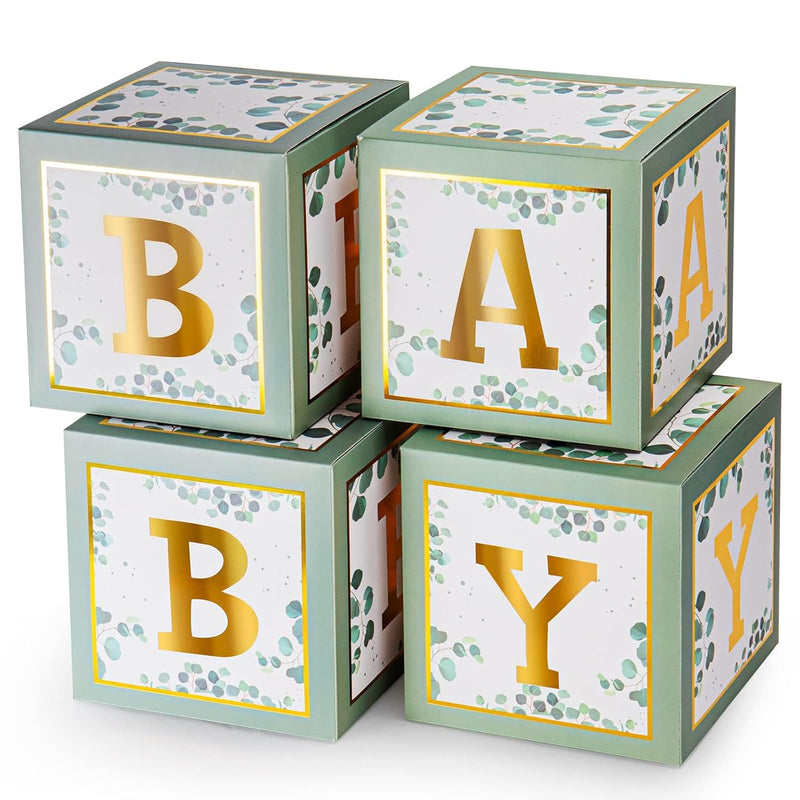 Sage Green Baby Boxes With Gold Letters For Baby Shower, 4 Pcs Safari