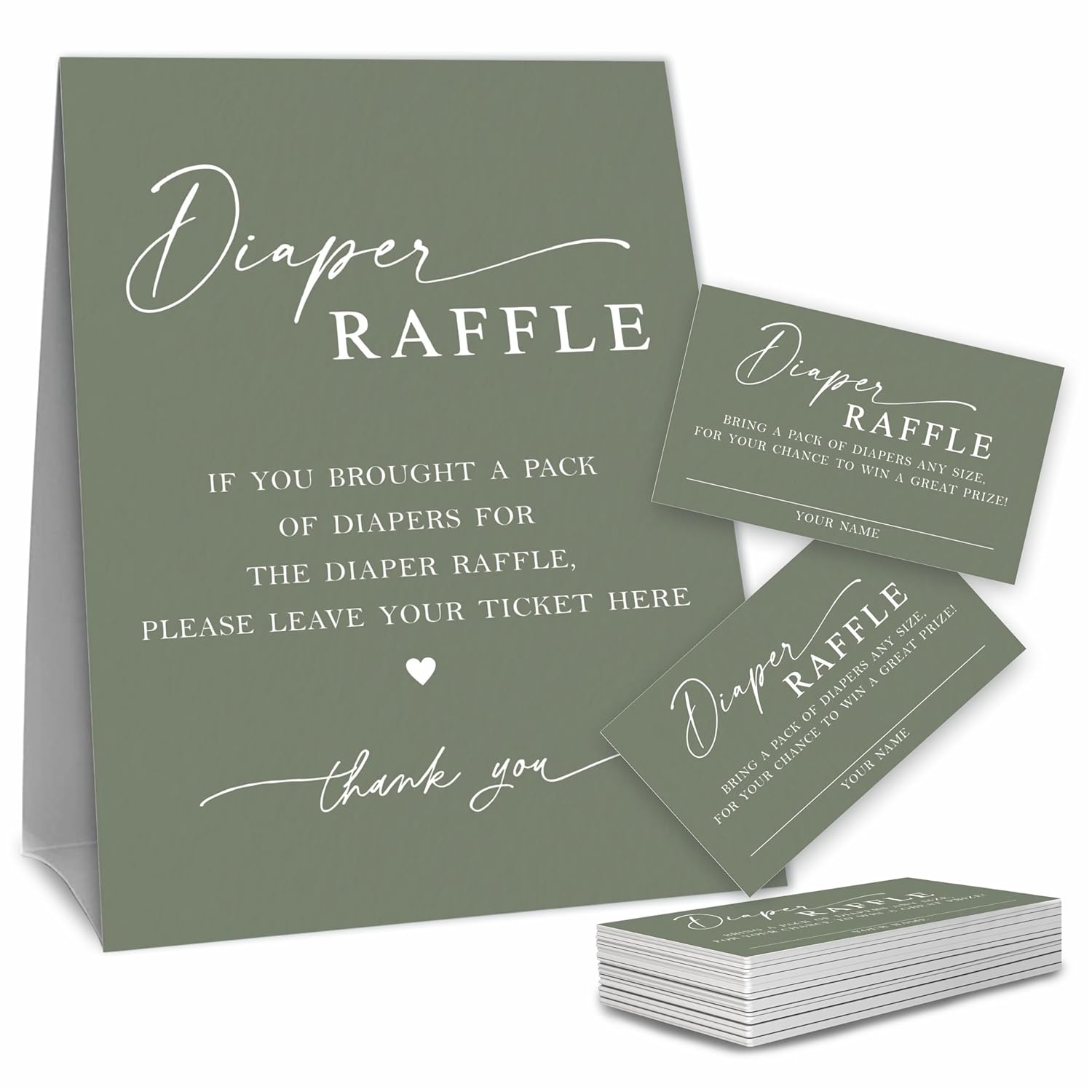 Baby Shower Diaper Raffle Game Set, Calligraphy Green Theme 1 Standing Sign & 50 Raffle Tickets, Baby Shower Game Kit, Gender Reveal Party Supplies - A15