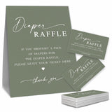Baby Shower Diaper Raffle Game Set, Calligraphy Green Theme 1 Standing Sign & 50 Raffle Tickets, Baby Shower Game Kit, Gender Reveal Party Supplies - A15