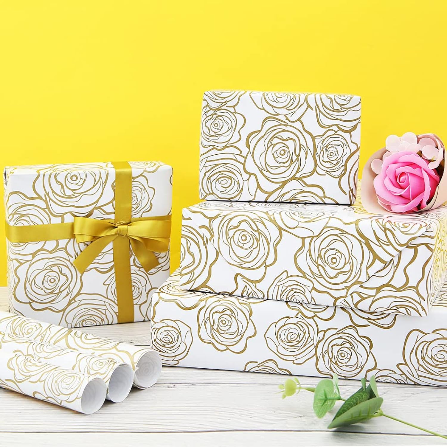 Gift Wrapping Paper, Golden Rose Pattern In White Art Paper With 1 Roll Gold Ribbon, For Weddings, Mother'S Day, Birthdays, Baby Showers, Bridal Showers, Valentine'S Day Or Any Occasion(6 Sheets)