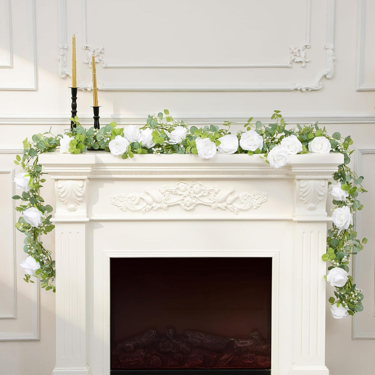 6Ft Artificial Eucalyptus Garland With Flowers, Fake Flower Rose Gypsophila, Faux Floral Greenery Garland For Wedding Spring Home Party Craft Art Table Runner Decor