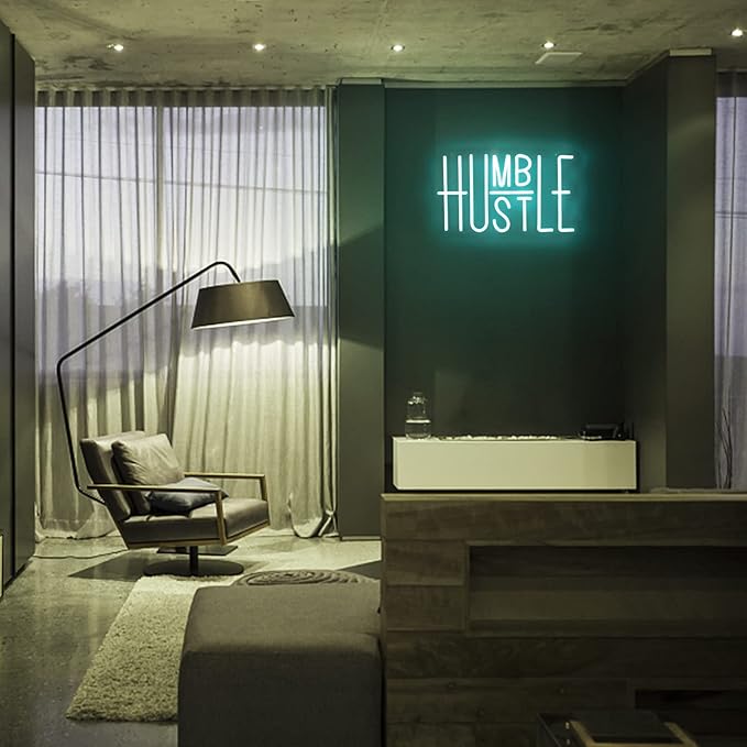 Hustle Neon Sign Blue LED Wall Light USB Dimmable Motivational Decor for Office Gym Gamer Room