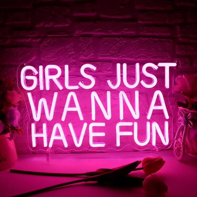 Girls Just Wanna Have Fun Neon Sign Pink USB LED Wall Light for Teen Bedroom Wedding Party Decor